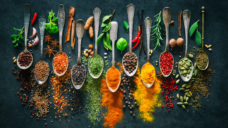 Spoons full of colorful spices