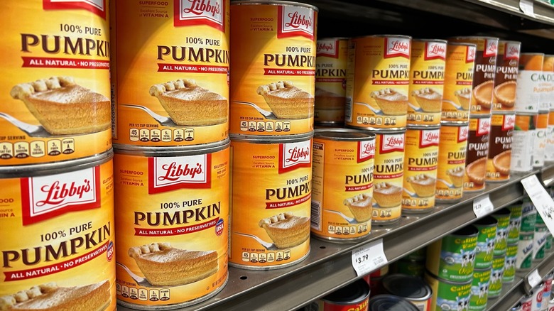 Canned pumpkin on supermarket shelf