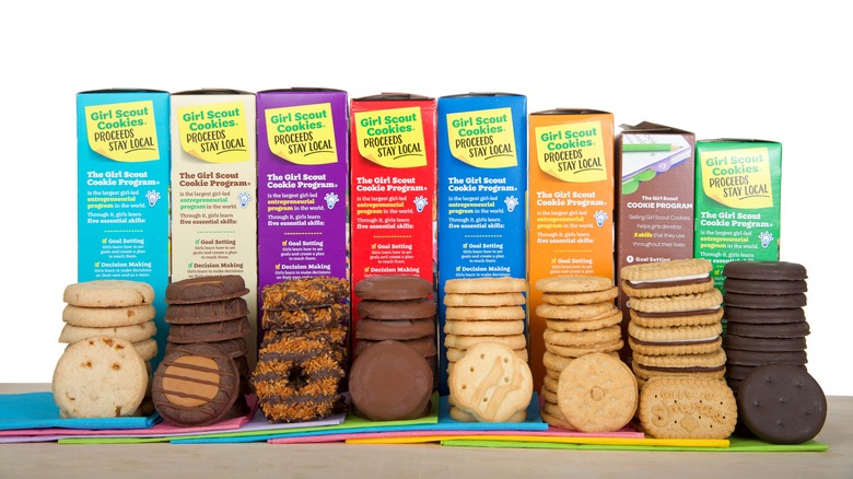 Girl Scout cookies displayed on table