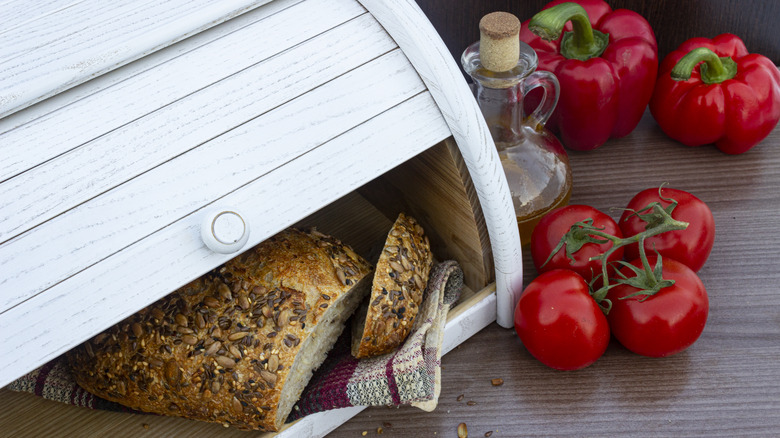 Loaf of bread in bread next to vines of tomatoes