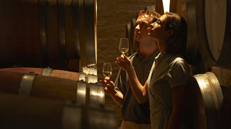 A man and a woman taste wine