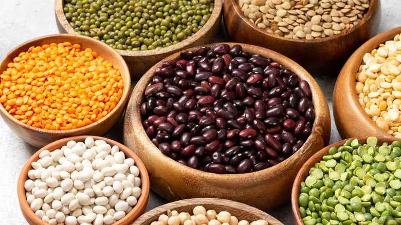 seven bowls of various beans