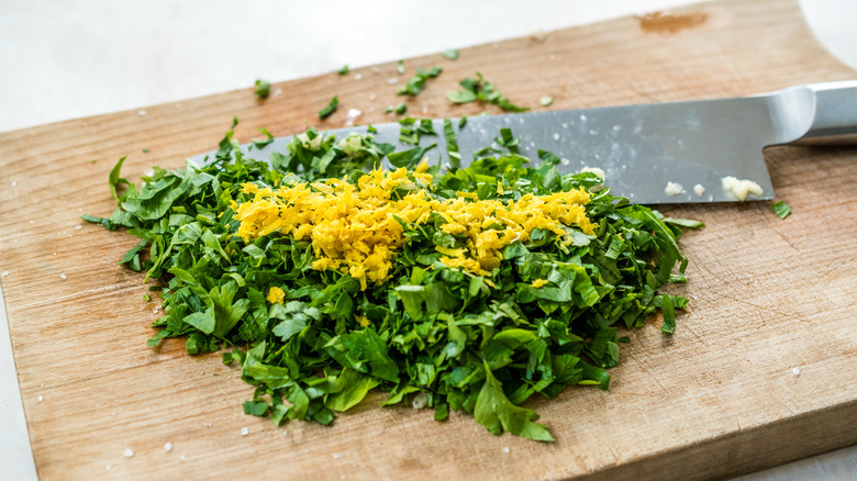 Gremolata ingredients on cutting board