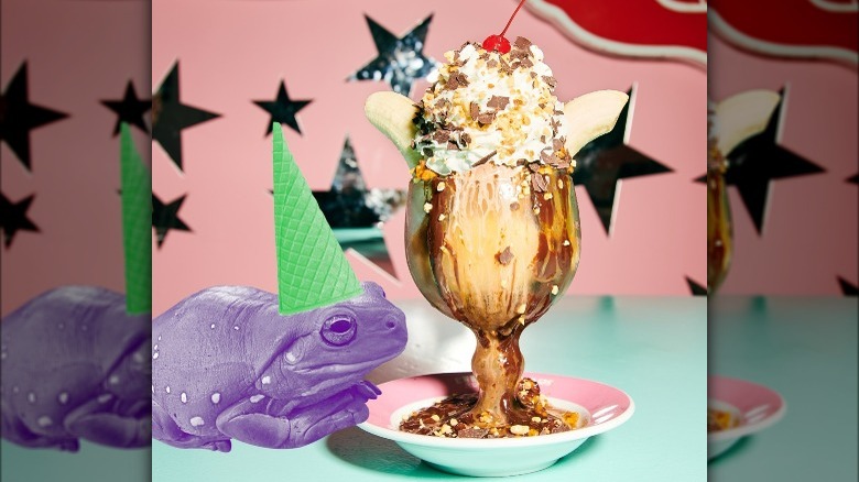 Banana split in glass by frog