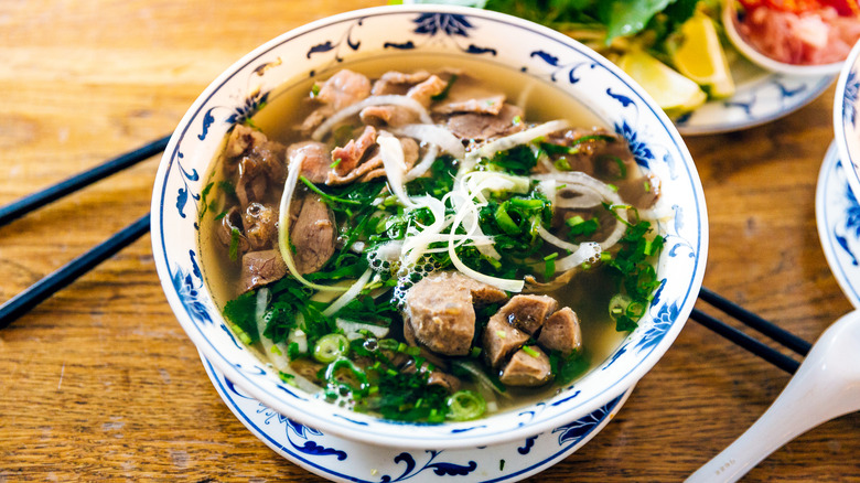 A bowl of pork pho in a painted bowl