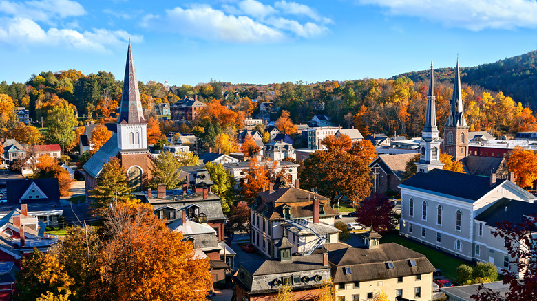 View of scenic Montpelier, Vermont during peak foliage season