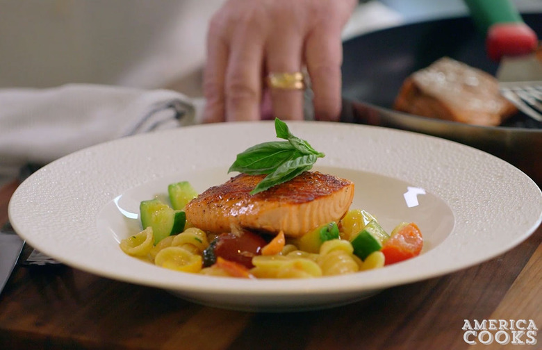 Salmon with Orecchiette, Zucchini, and Cherry Tomatoes