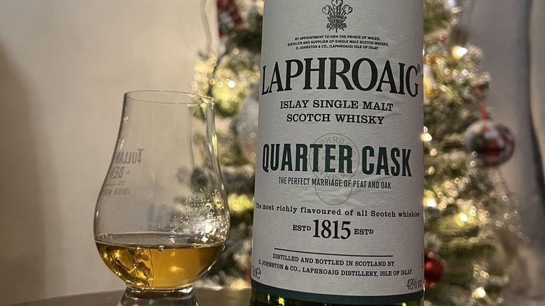 bottle and glass of Laphroaig