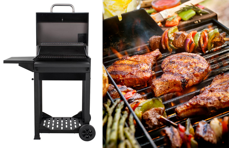 Cart-Style Charcoal Grill in Black With Side Shelf and Foldable Front Shelf, $ 89.00