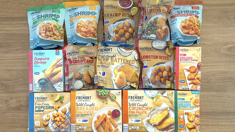 Variety of pre-cooked frozen seafood packages