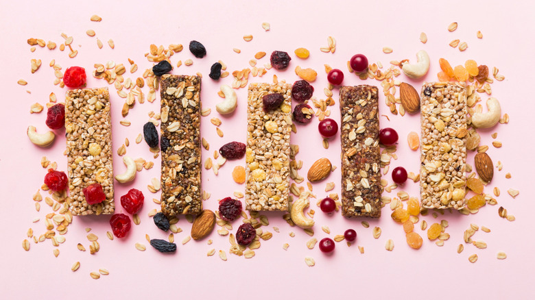 Variety of granola bars with fruit, nuts, and oats