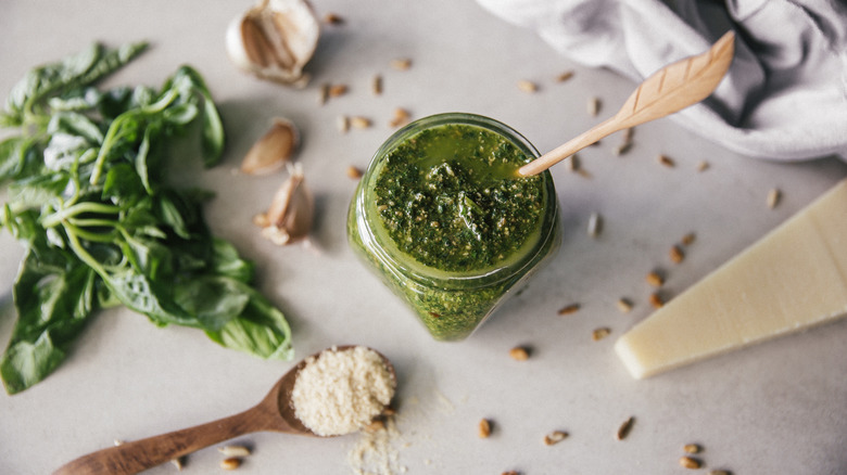 Pesto in jar and seasonings