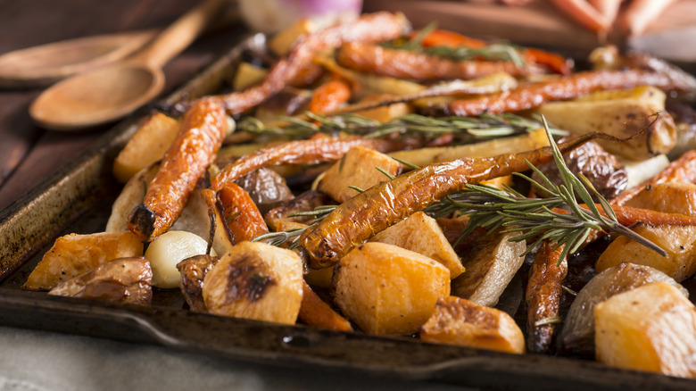 roasted root vegetables on pan