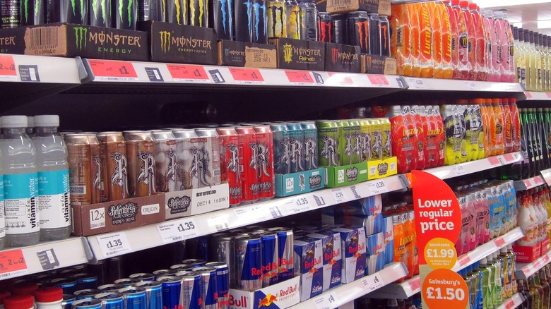 aisle of energy drinks grocery store