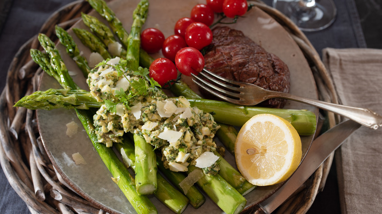 sauce gribiche served on asparagus and tomatoes