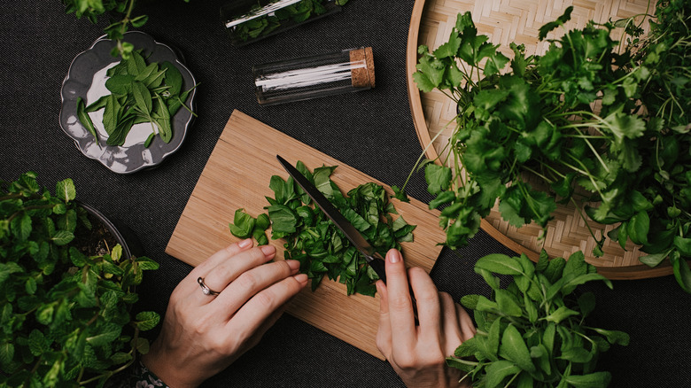 woman chopping basil 