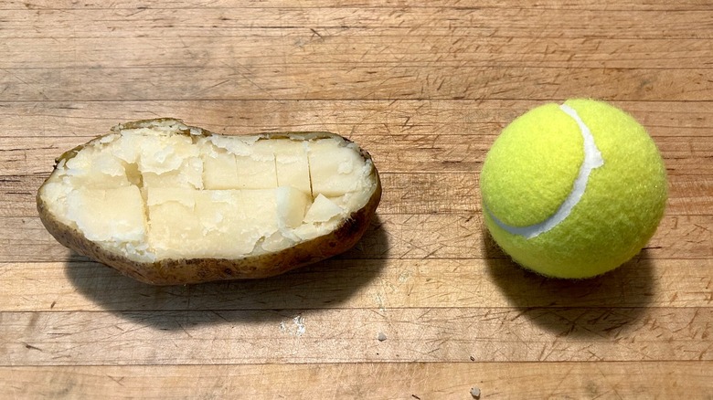 Baked potato and tennis ball