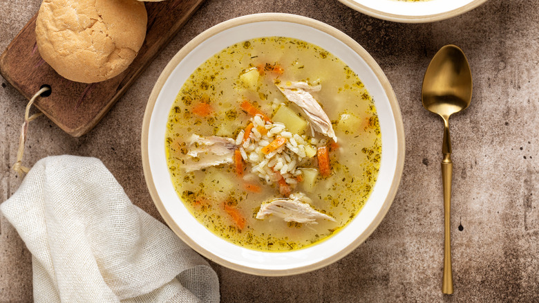 Bowl of chicken soup with rice