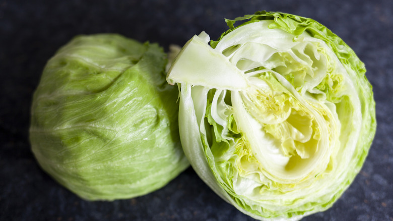 Halved head of iceberg lettuce