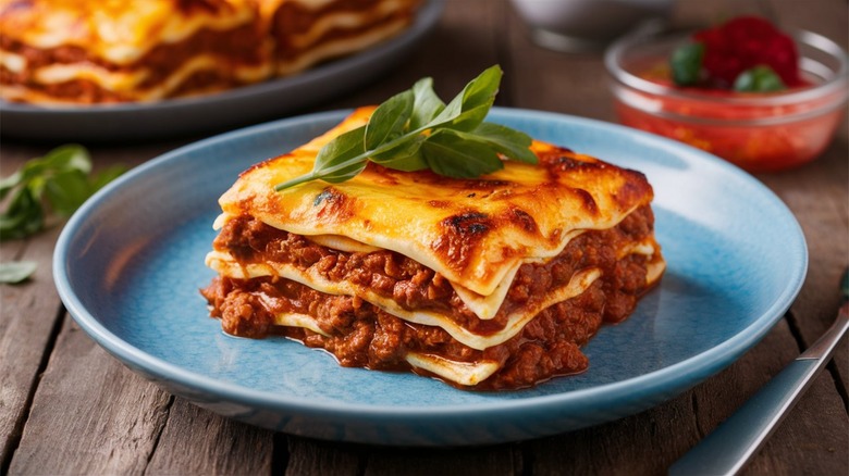 garnished lasagna on blue plate