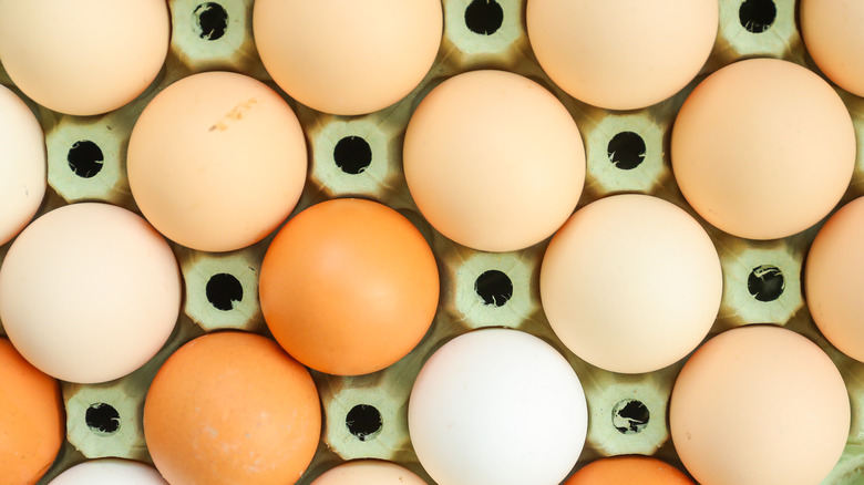 Overview of colorful whole eggs in carton