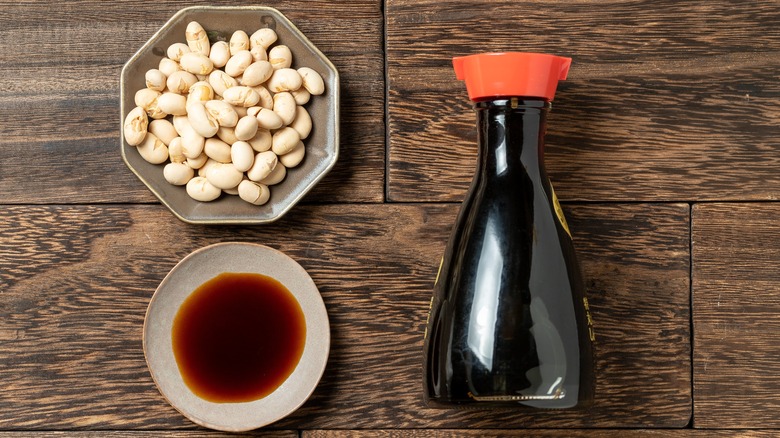 Soy beans, soy sauce and soy sauce bottle