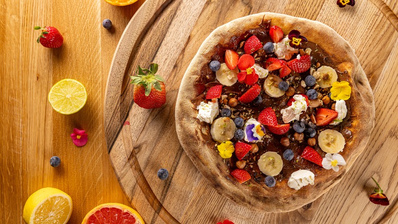 cooked fruit pizza with flowers