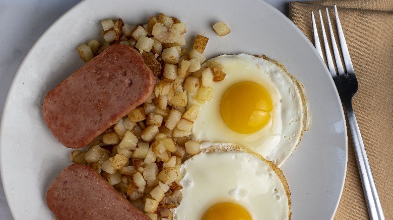 Spam and eggs on plate