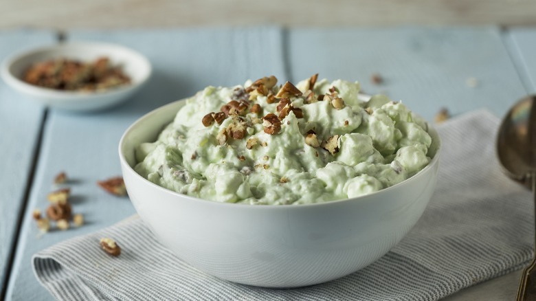 Watergate salad in white bowl