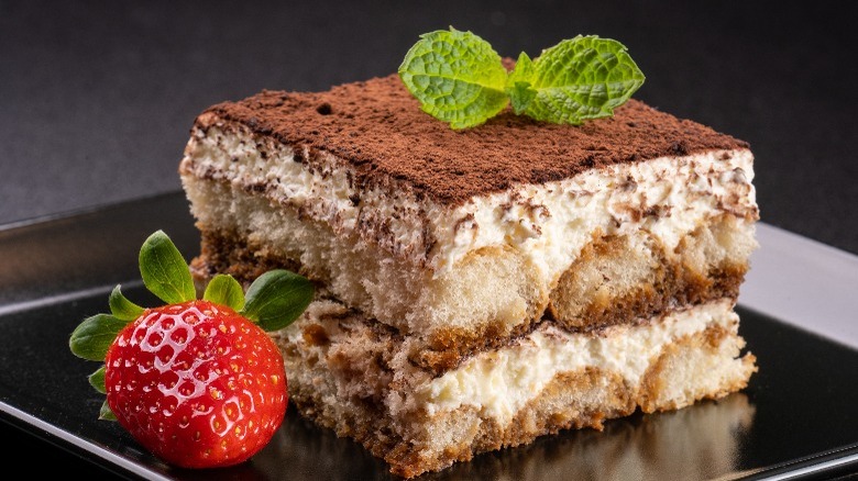 Tiramisu with mint and strawberry