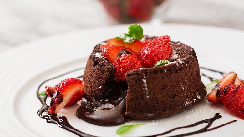 Chocolate lava cake with strawberries