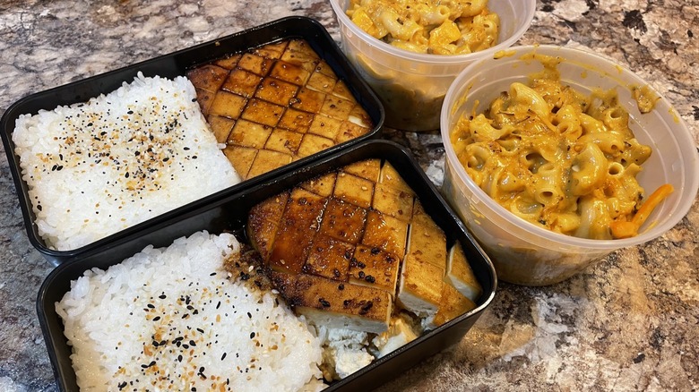 Barbecue tofu, rice, and macaroni and cheese