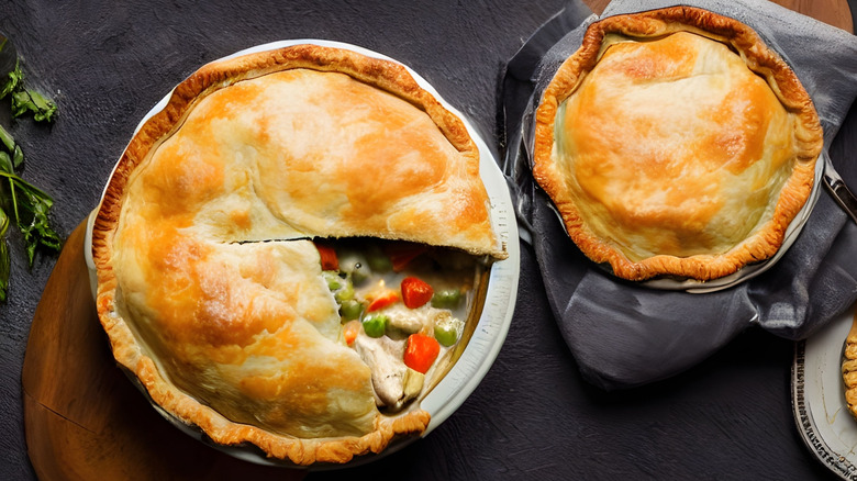 Overhead of chicken pot pies, one cut into.