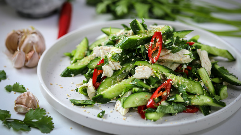 cilantro and cucumber salad with peppers and chicken