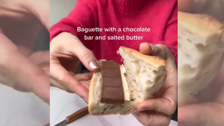 French snack baguette with chocolate and butter