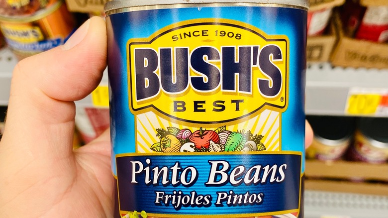 Hand holding can of pinto beans