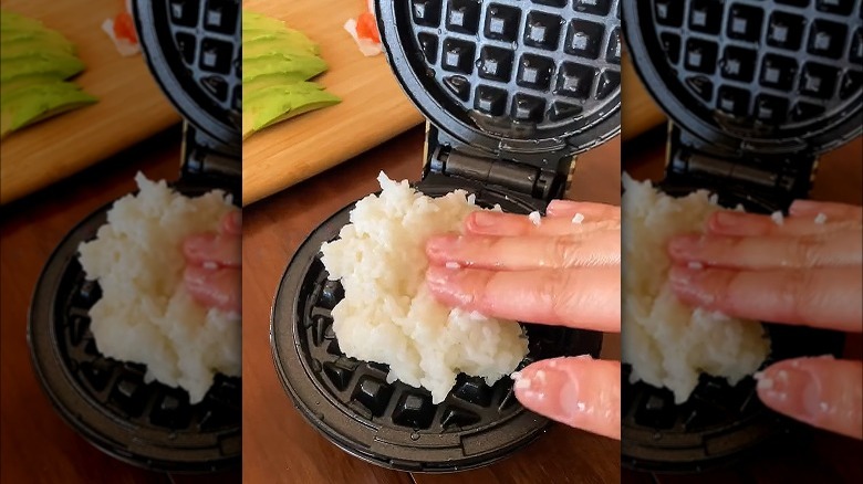 pressing rice into waffle maker