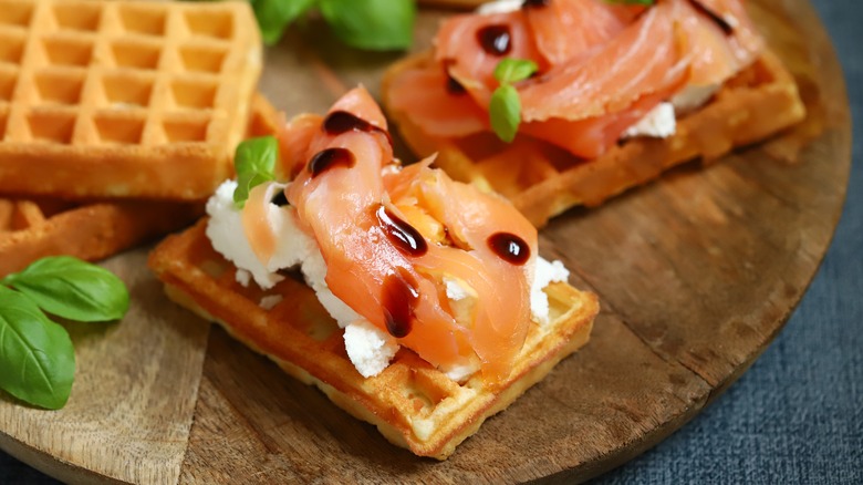 waffles topped with smoked salmon