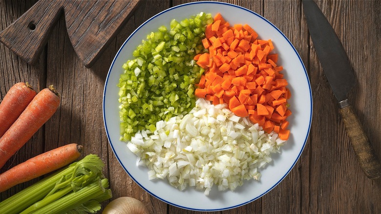 Diced vegetables on plate on table