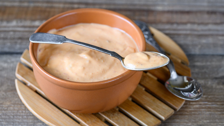 homemade Big Mac sauce in dish with spoon