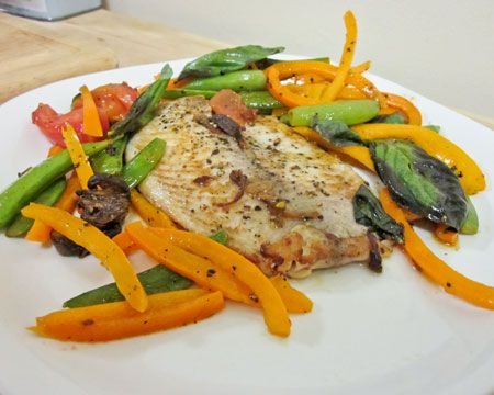 Tilapia with Tomato, Bell Pepper, and Snap Peas