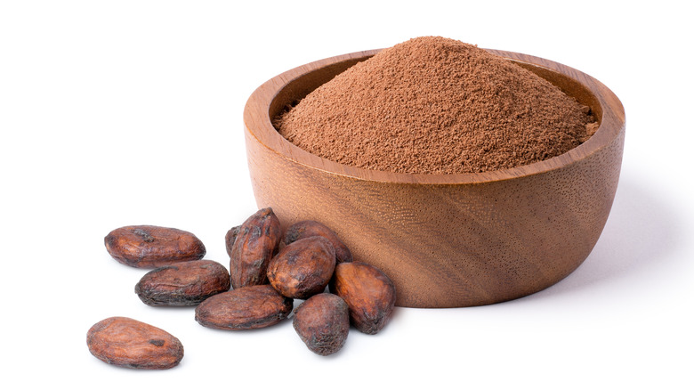 cacao beans next to a bowl of cocoa powder