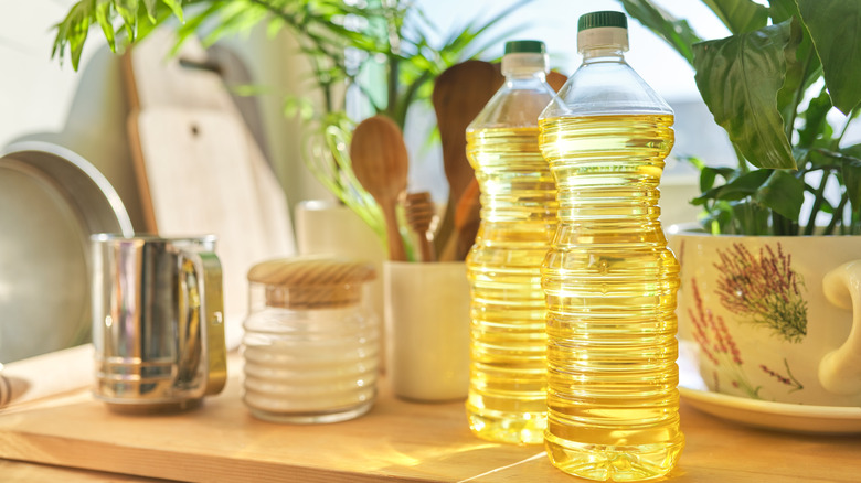 Containers of oil sitting on kitchen counter