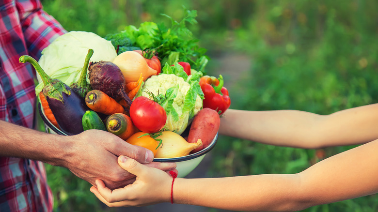 Man and child holding bowl of vegetables