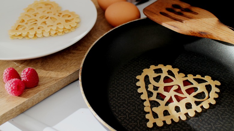 lace heart pancake in skillet