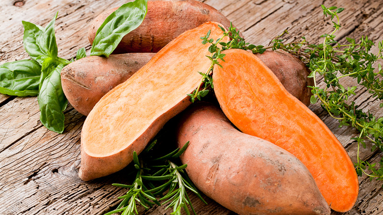 Sweet potatoes and fresh herbs