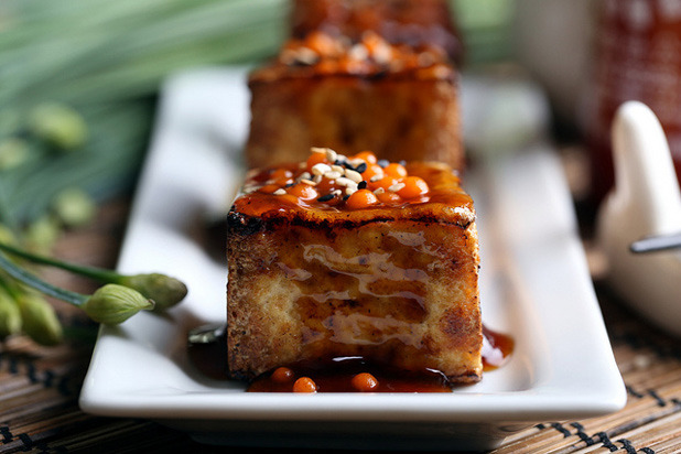 Glazed Tofu with Fiery Sriracha Pearls