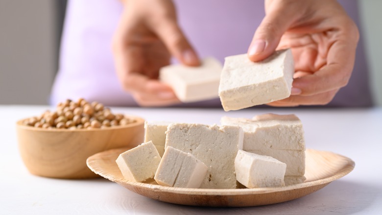 Person holding tofu behind plate of tofu