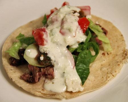 Tomato Mint Salsa with Greek Tacos (that's right, Greek tacos).