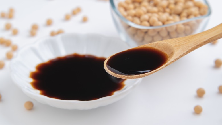 Soy sauce on a spoon